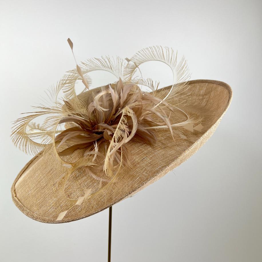 Champagne Large Hat with Gold Shimmer and Feathers - Beverley Edmondson ...