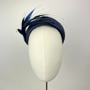 Navy Blue Pillbox Hat Framed with Feathers