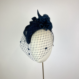 navy winter wedding hat with veil and flowers - mother of the bride style - Beverley Edmondson Millinery - Farnham