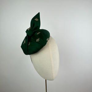 bottle green percher beret, button headpiece with gold embroidery