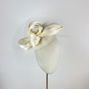ivory saucer hat with sheer pleated crinoline brim with silk ribbons, for mother of the bride or royal ascot