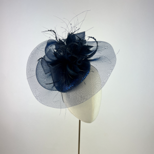 navy blue sequin metallic percher hat with crinoline veil and feathers for mother of the bride or royal ascot