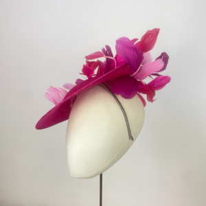 peony pink feathered saucer hat in shades of pink