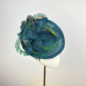 Teal blue peacock feather saucer hat, mother of the bride wedding style