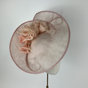 blush pink large disc saucer hat with vintage organide roses mother of the bride style - Beverley Edmondson Millinery