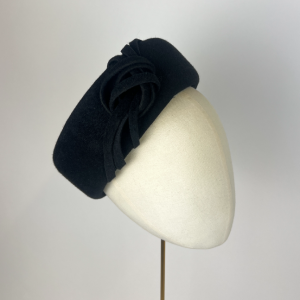 Black classic winter felt velvety Pillbox hat suitable for church serivces, races and funerals