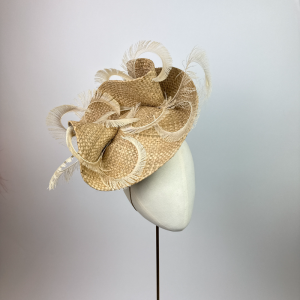 natural straw and peacock feather saucer hat, champagne,