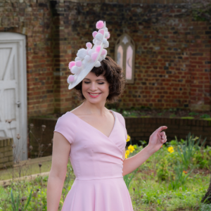 ivory and pink pompom saucer hat