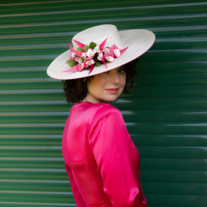 pink and ivory two tone modern boater hat