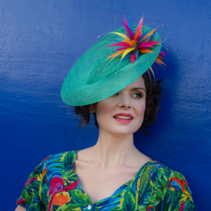 Tropical tone shard cut multicoloured feather saucer hat