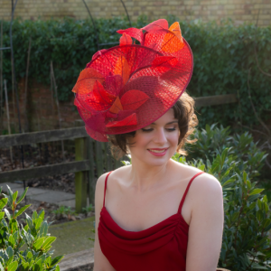 red burgundy orange dramatic statement autumn leaf saucer hat