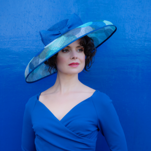 blue and turquoise large brim circular hat with circular pattern zero waste design