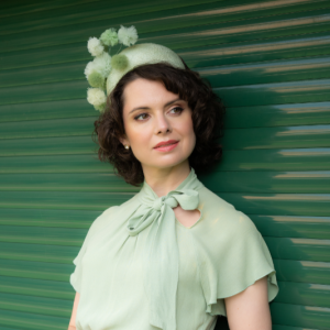 Sage green tulle pompom headband halo mother of the bride style