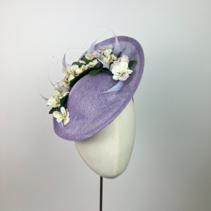 lilac and pansy viola flower saucer hat for mother of the bride