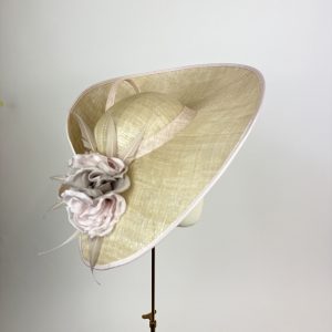 oyster and mettalic and blush pink twisted oval brim mother of the bride wedding hat