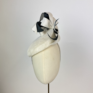 Off white and charcoal bow percher hat