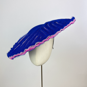 royal blue and pink slashed tulle saucer hat for weddings and royal ascot