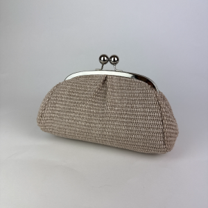 taupe, oyster straw clutch bag with clasp detail for summer weddings