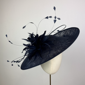 navy oval saucer hat with featehrs and quill for mother of the bride