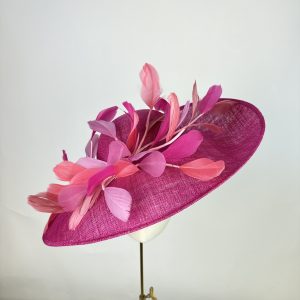 pink and coral feather wedding or ascot hat