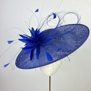 royal blue medium size saucer hat with pearl detail and feathers