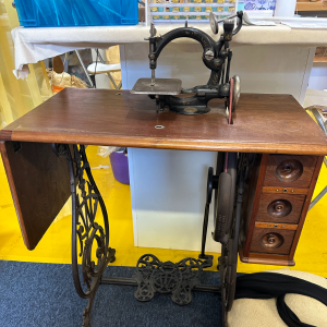 Vintage Wilcox and Gibbs Chain Sttich Flatbed Treddle Machine with Table